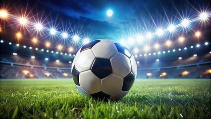 Fototapeta premium A vivid soccer ball rests on green grass under dazzling lights, perfect for capturing dynamic sports photography and thrilling action shots of athletic movement.