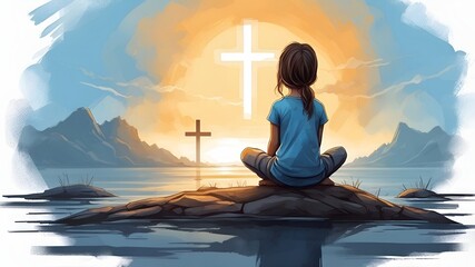 Fototapeta premium watercolor drawing of a young girl praying to christian cross under the sunset