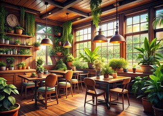 Fototapeta premium A warm, inviting wooden café interior adorned with lush plants, blending retro charm and cozy luxury, perfect for creating relaxing indoor spaces.