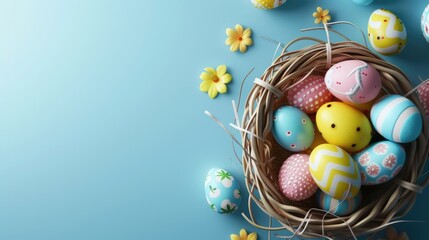 Basket of Easter eggs with a blue and yellow background. The basket is filled with a variety of eggs, including some with polka dots and stripes