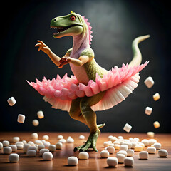 A comical dinosaur in a tutu performs a lively ballet on stage.
