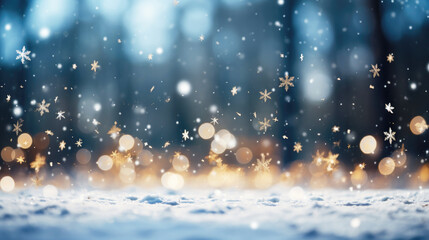 A snowy landscape with a bright blue sky and some star shaped snowflakes falling with bokeh lights. Card, frame, background, texture, pattern with Christmas motifs. 