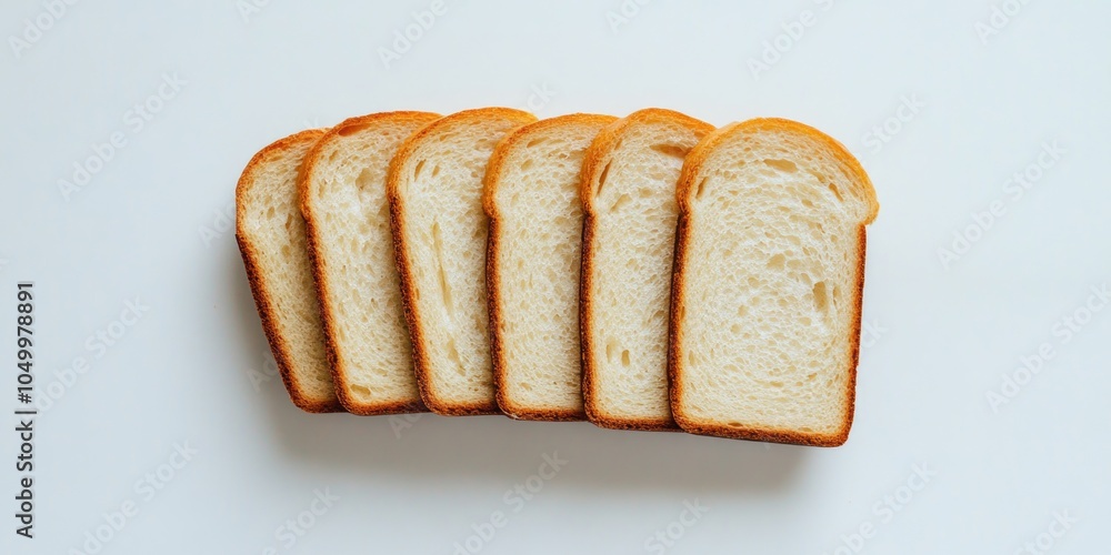 Poster close up of six slices of bread. the bread is white and has a slightly burnt edge. the slices are ar