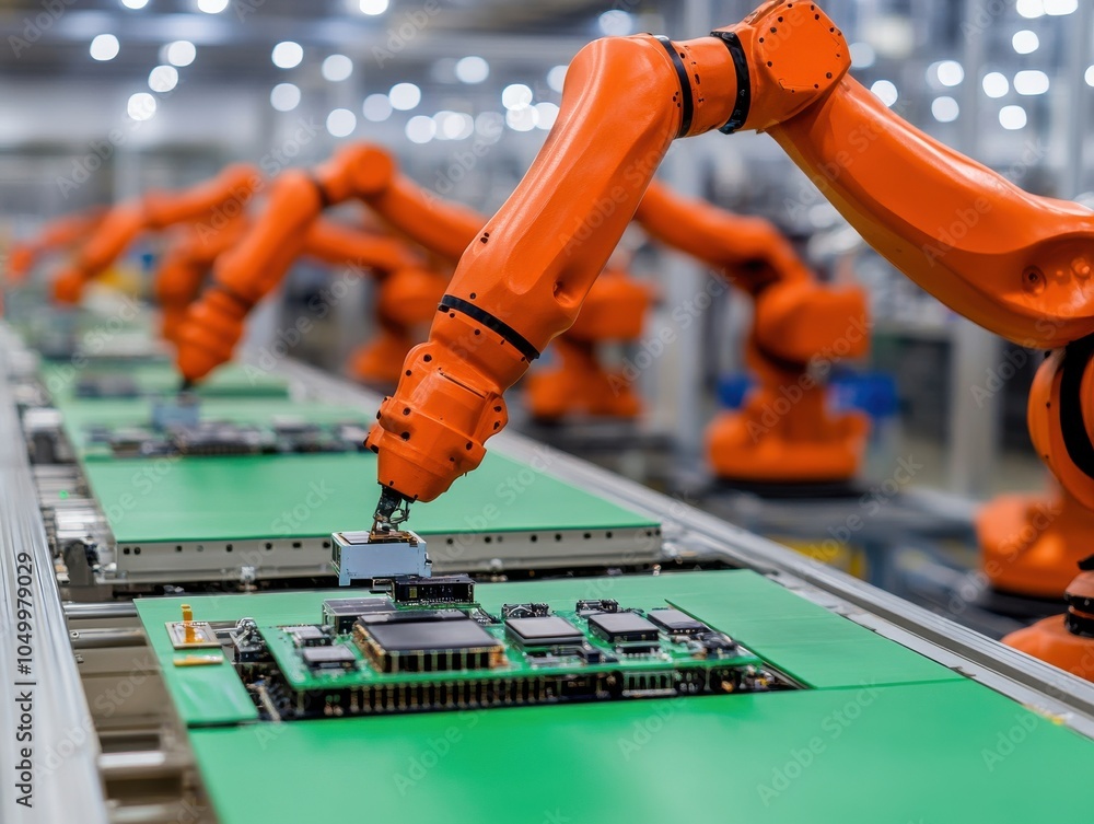 Poster modern robotic assembly line in electronics factory