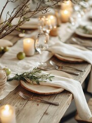 Table with a white tablecloth and wooden plates and utensils. The table is set for a dinner party with candles and a vase of flowers