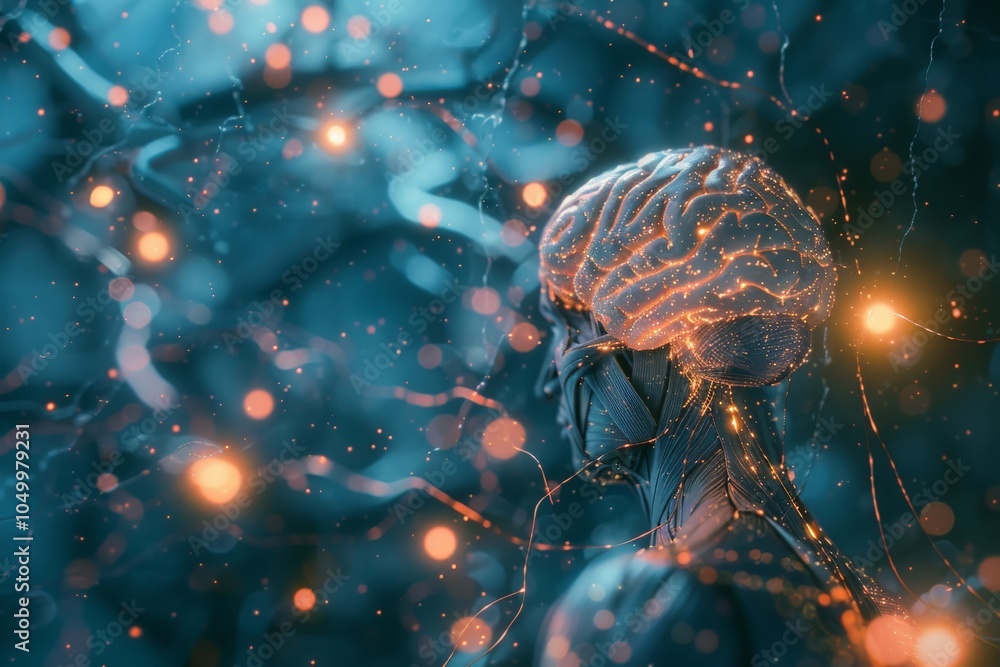 Poster a mesmerizing representation of a human brain with glowing neural connections, illustrating complex 