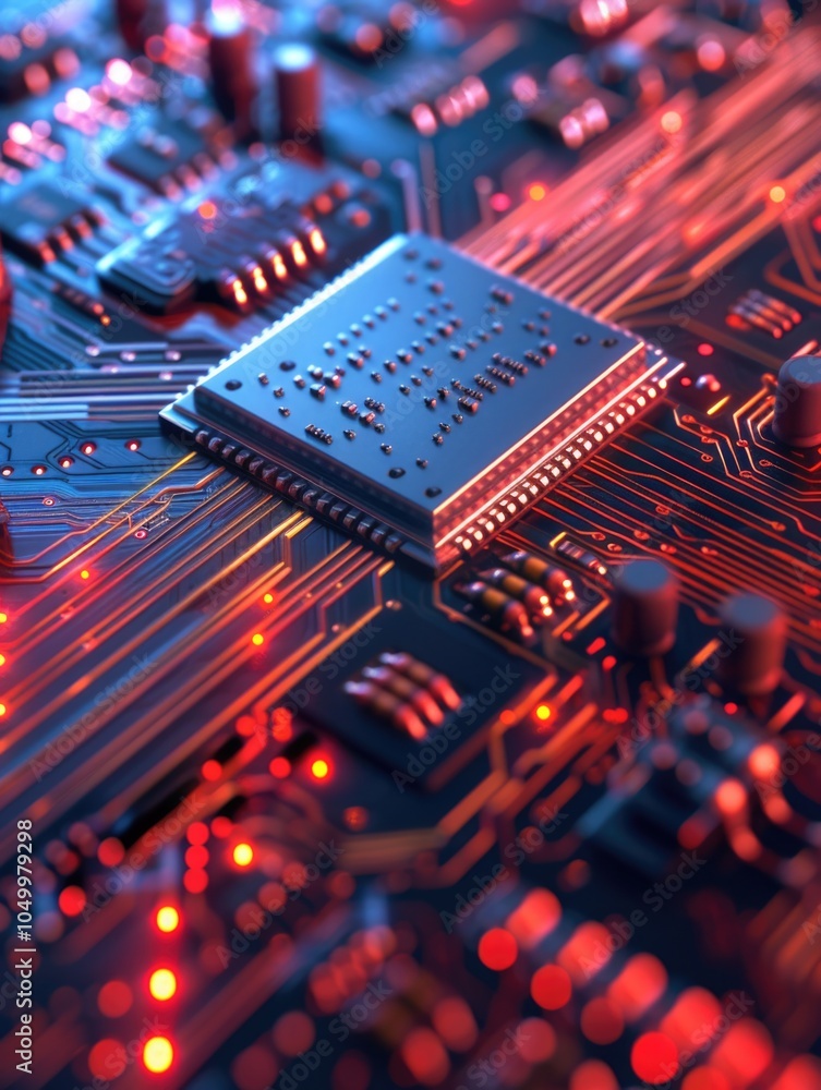 Poster close up of a computer chip with a red background. the chip is surrounded by a red glow, giving the 