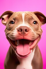 Brown and white pitbull dog is smiling and has its tongue out. The dog's eyes are bright and it is happy