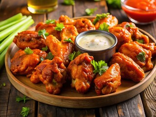 Fototapeta premium Buffalo chicken wings with spicy sauce are the ultimate finger-licking treat, perfect for game day and parties, satisfying everyoneâ€™s cravings for bold flavors.