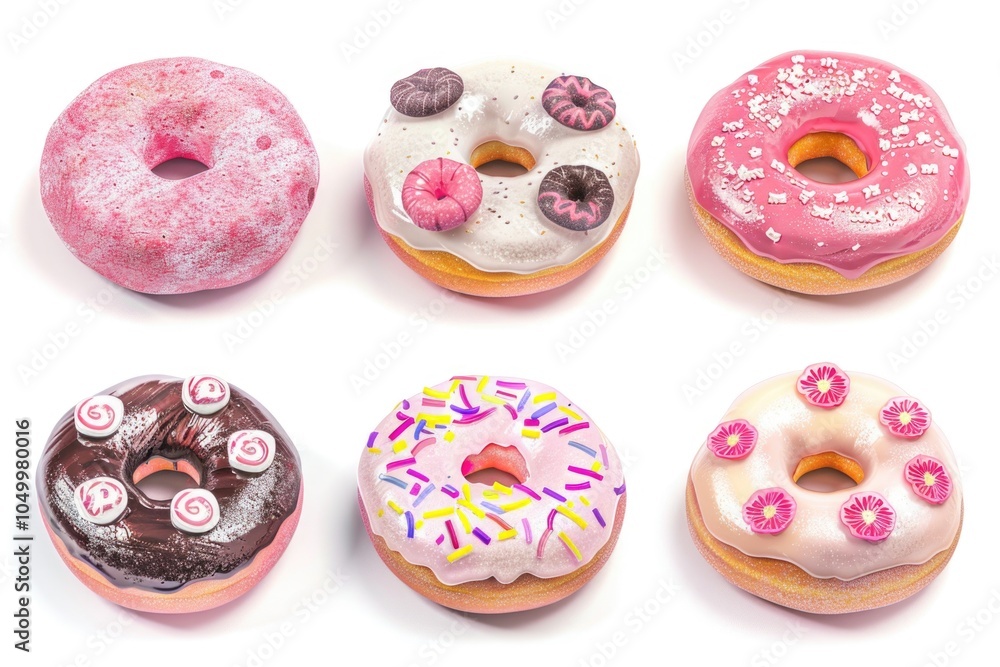 Aufkleber row of six donuts with different toppings, including pink frosting and sprinkles. the donuts are arr