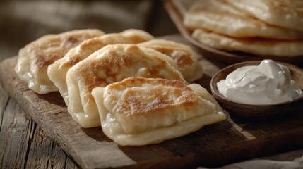 Delicious Pierogi with Sour Cream in Outdoor Setting