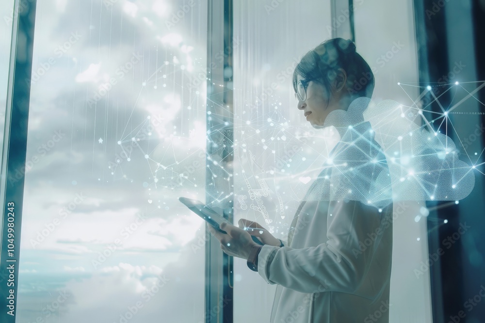 Poster a technologically-themed image features a woman using a tablet device, surrounded by digital element
