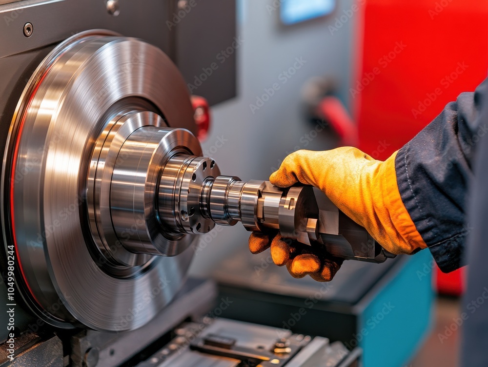 Poster worker operating a lathe in manufacturing setting