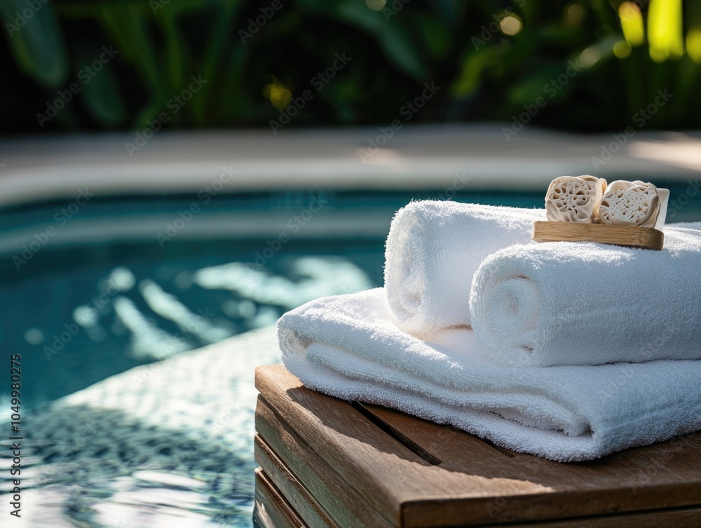 Poster stack of white towels is on a wooden table next to a pool. the towels are neatly folded and arranged