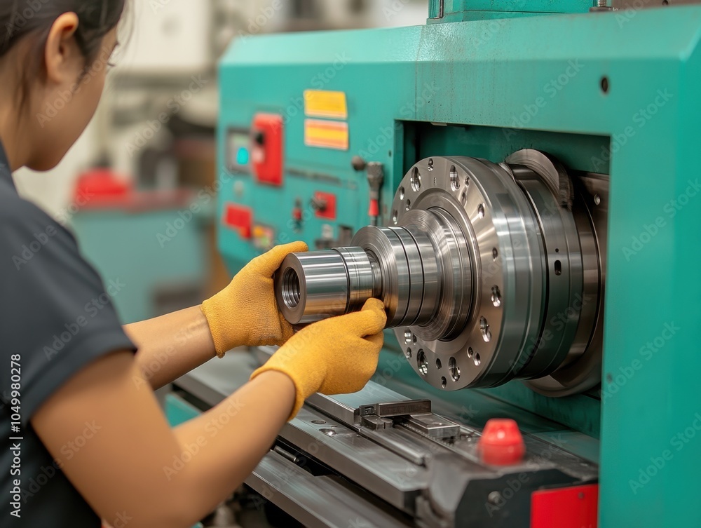 Poster worker operating lathe in manufacturing environment