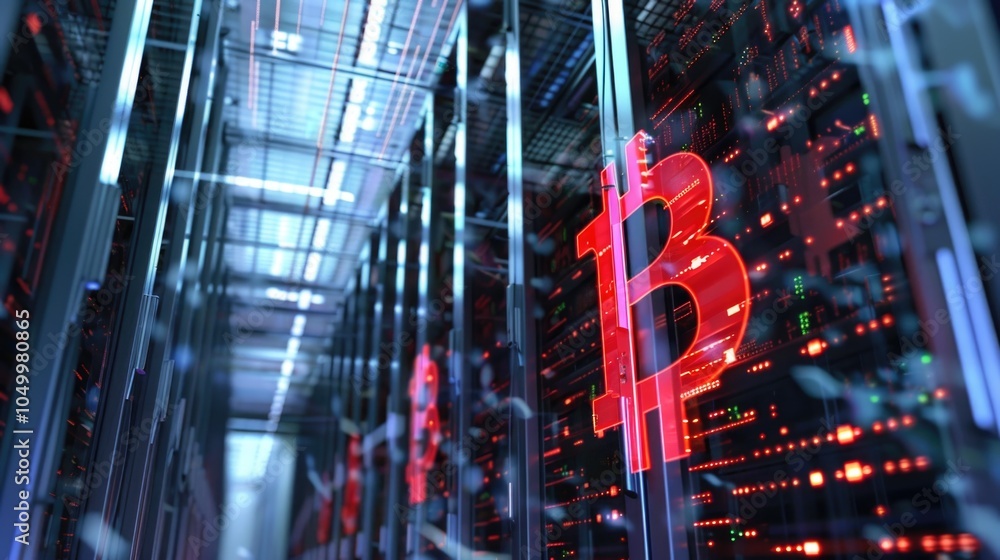 Poster computer server room with a red b on a screen. the room is filled with computer servers and the b is