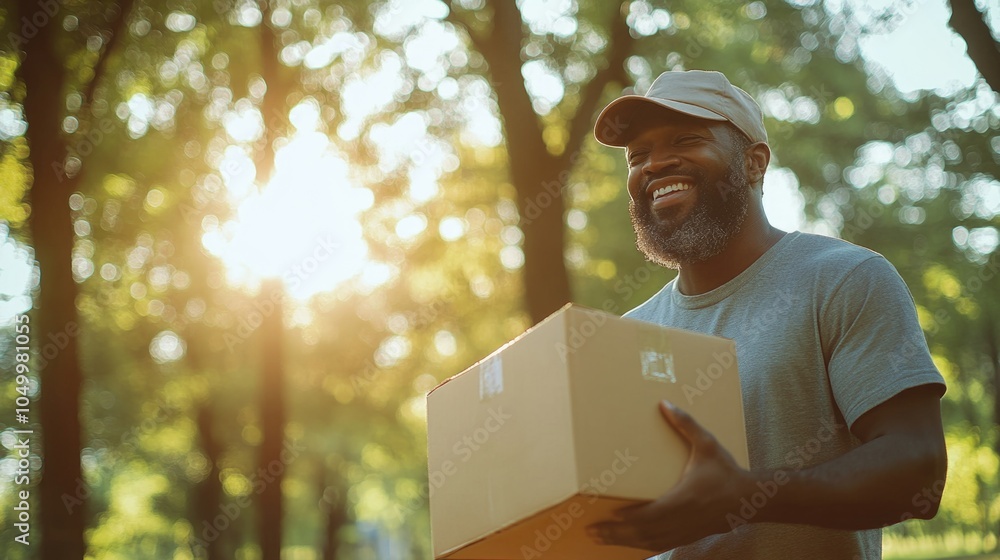 Poster man is holding a cardboard box and smiling. the box is labeled with the letters 