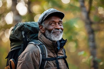 Obraz premium An elderly man with a backpack smiles while hiking on a forest trail, embodying adventure, resilience, and the joy of exploring nature during an autumn day.