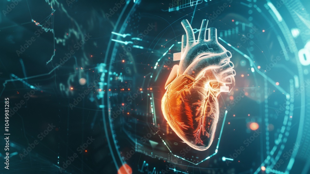 Aufkleber A dynamic visualization of a heart with animated digital elements representing vital signs, set against a dark, high-tech background