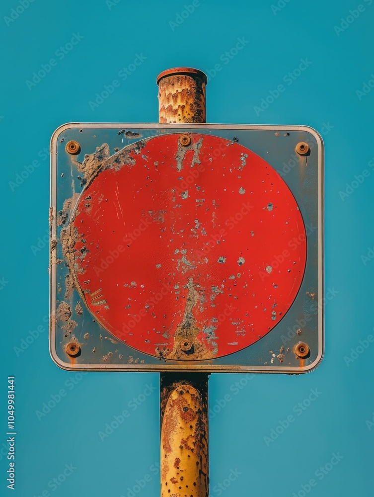 Poster red sign with a hole in the middle is on a pole. the sign is rusted and has a worn appearance. the b