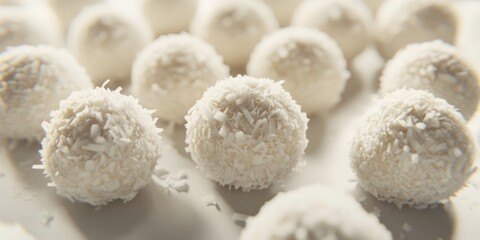 Close up of a white dessert with coconut flakes on top. The dessert is round and has a slightly bumpy texture. Concept of indulgence and luxury, as the dessert is likely a high-quality