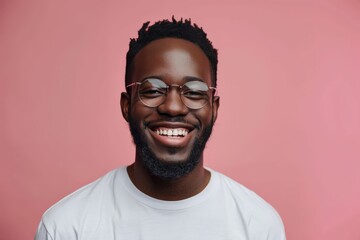 Obraz premium A cheerful individual with a warm smile and glasses stands against a soft, pink backdrop, emitting positivity and friendly charm through a clean and simple portrait.