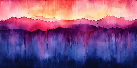 Vibrant watercolor landscape of mountains at sunset.