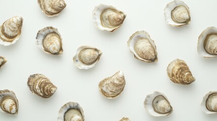 A collection of open oysters arranged on a white background.