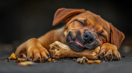 Obraz premium A happy puppy sleeps contentedly with a bone, showcasing joy and relaxation.