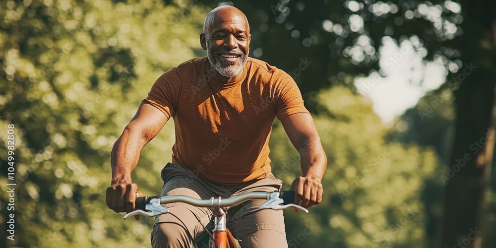 Poster man is riding a bicycle in a park. he is smiling and he is enjoying himself
