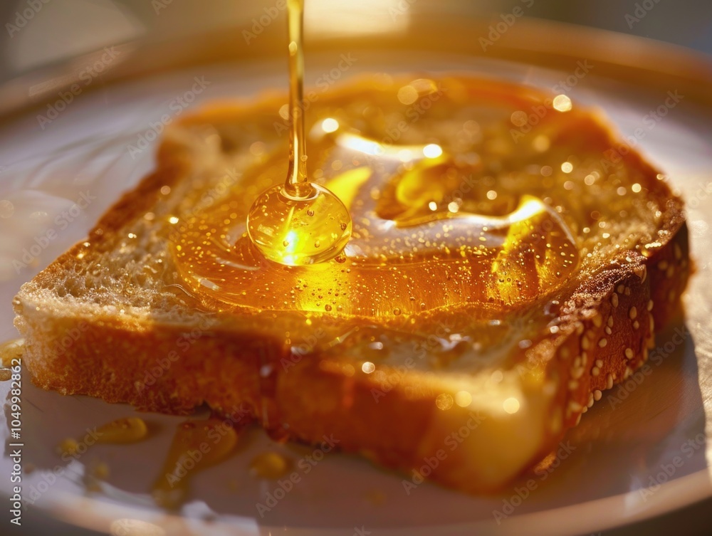 Poster slice of toast with honey dripping from it. the honey is golden and the toast is brown