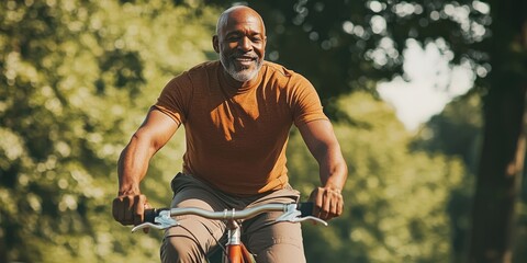 Fototapeta premium Man is riding a bicycle in a park. He is smiling and he is enjoying himself