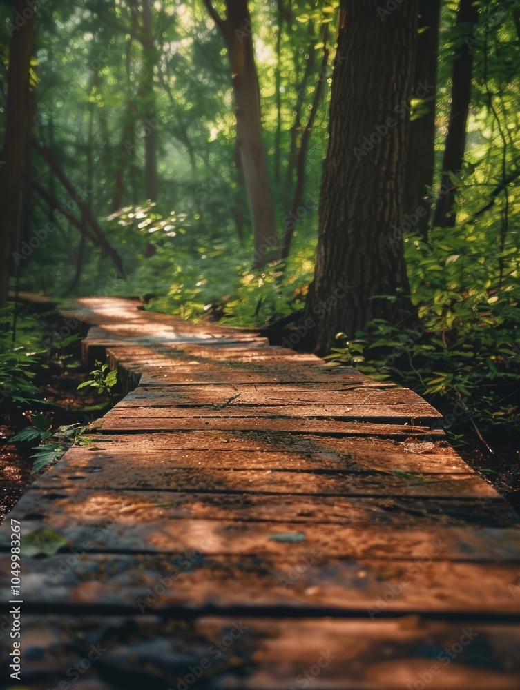 Poster wooden bridge in a forest with trees on both sides. the bridge is narrow and has a wooden plank. the