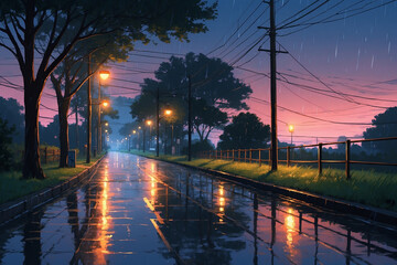 Fototapeta premium Anime style, rainy road at twilight, wet asphalt reflecting tree lights, soft glow, fresh and tranquil mood