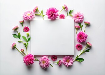 Obraz premium Elegant blank paper adorned with pink flowers against a white backdrop, perfect for stunning invitations and creative designs in an appealing flat lay style.