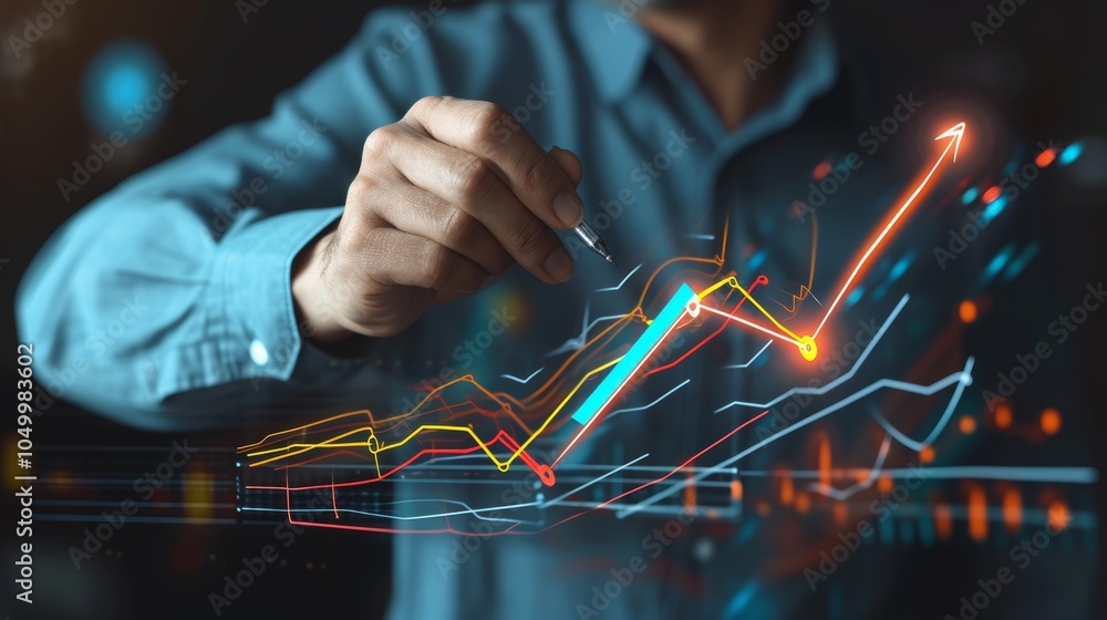 Poster a business professional focuses on interpreting financial graphs, using a stylus to highlight data t