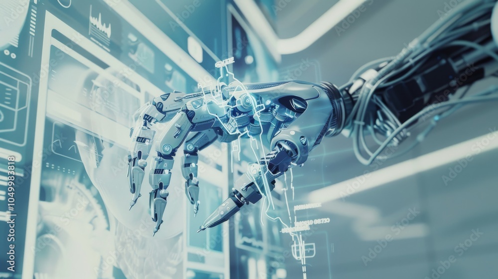 Poster a futuristic depiction of a robotic arm performing a surgery, with a transparent display showing med