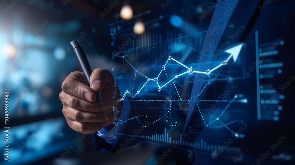 Poster a business professional stands in a contemporary office, analyzing digital data trends on a glowing 