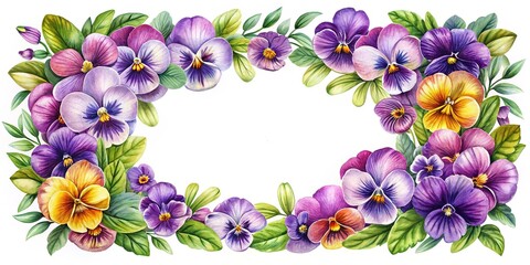 Elegant vintage watercolor frame featuring violet violas, perfect for invitations and greetings. This exquisite floral design enhances all occasions with timeless charm and beauty.