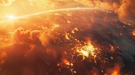 Fiery planet with a bright sun in the background. The sky is filled with clouds and the planet is covered in fire