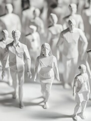 Obraz premium Group of people are walking in a line, with some of them being paper cutouts. Concept of unity and togetherness, as the people are all moving in the same direction
