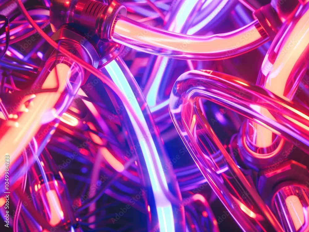 Poster neon light display with a purple and blue hue. the lights are twisted and tangled, creating a sense 