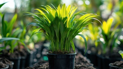 A vibrant potted plant surrounded by soil, showcasing lush green leaves in a nursery setting.