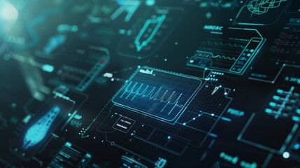 A futuristic digital health interface with holographic medical data against a dark background, macro shot, Minimalist style