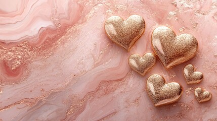 Fototapeta premium Rose gold hearts placed on a soft pink marble texture background 