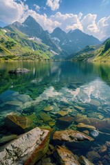 Beautiful mountain lake with a clear blue water reflecting the sky. The mountains in the background are covered in snow © vefimov