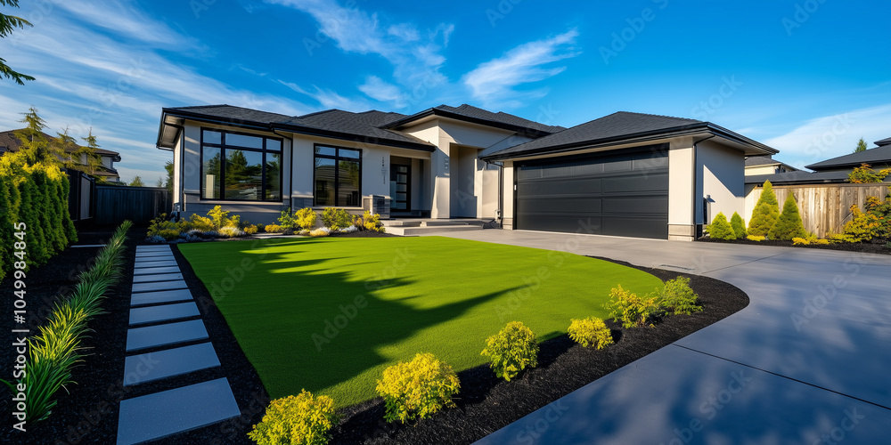 Aufkleber a luxurious home with a sharp, modern design, featuring a front yard with meticulously laid artifici