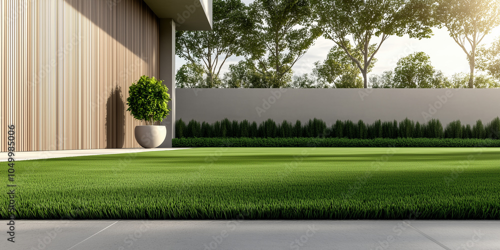 Poster a contemporary home with a well-maintained artificial lawn surrounded by wooden edging, perfectly co