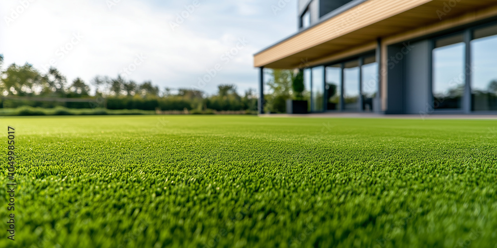 Poster a contemporary home with a well-maintained artificial lawn surrounded by wooden edging, perfectly co