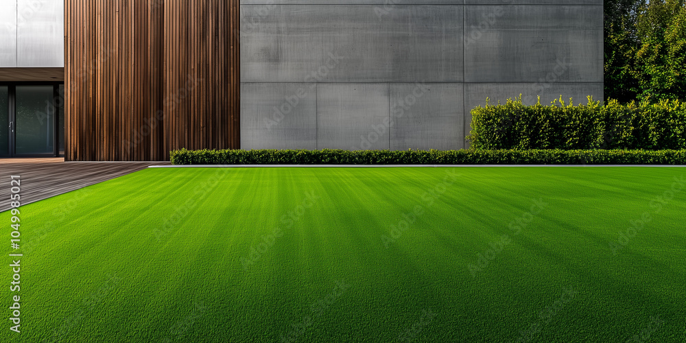 Poster a contemporary home with a well-maintained artificial lawn surrounded by wooden edging, perfectly co